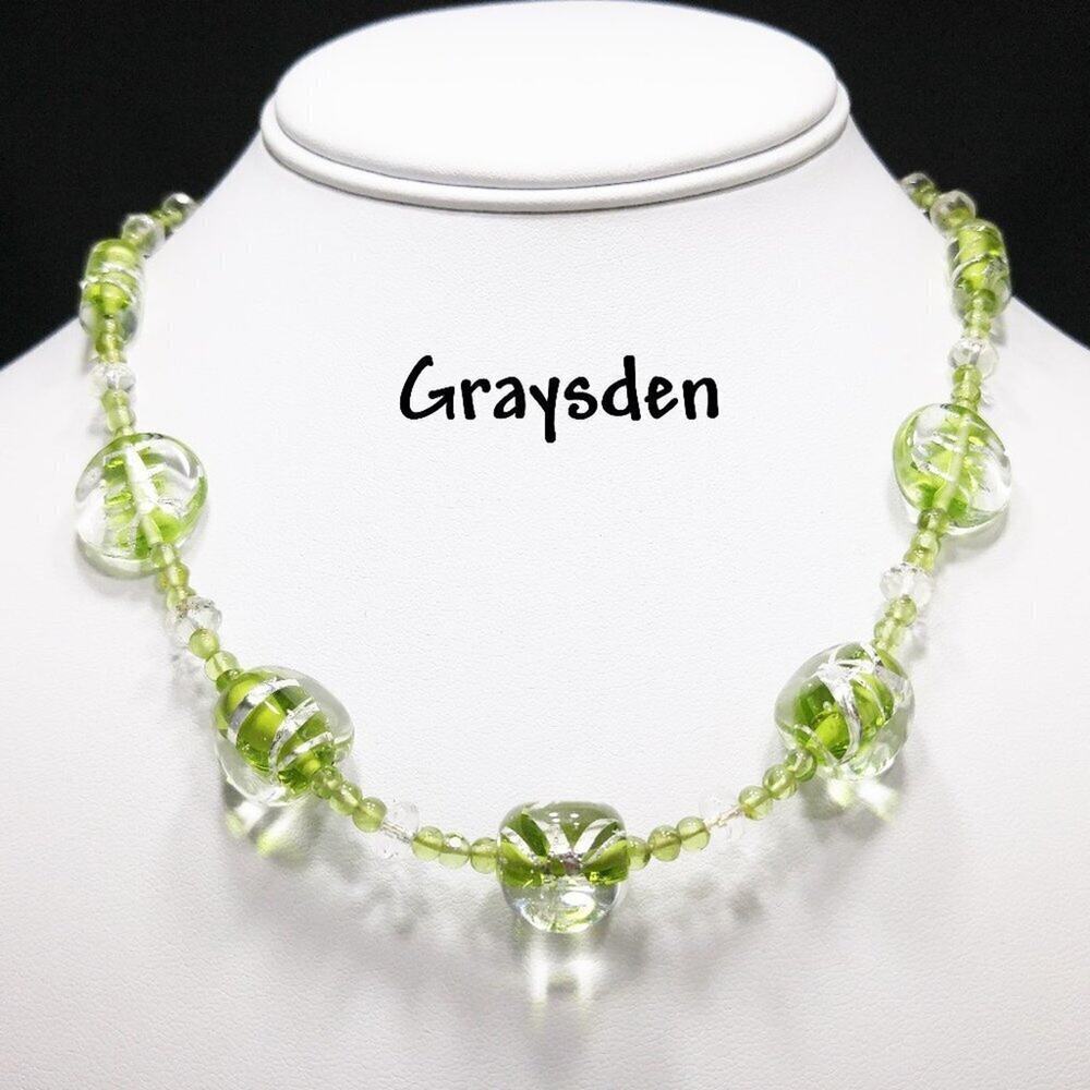 Graysden Green Gemstone Art Glass Bead Necklace, 17 Inch, Silver Butterfly Clasp